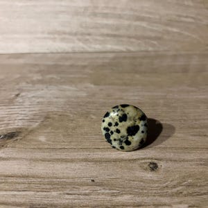 Może przedstawiać: Mały, okrągły kamień z kremową podstawą i czarnymi plamami. Wypolerowany kamień jest umieszczony na drewnianym tle. Ten dekoracyjny kamień może być używany do biżuterii lub jako element dekoracyjny.