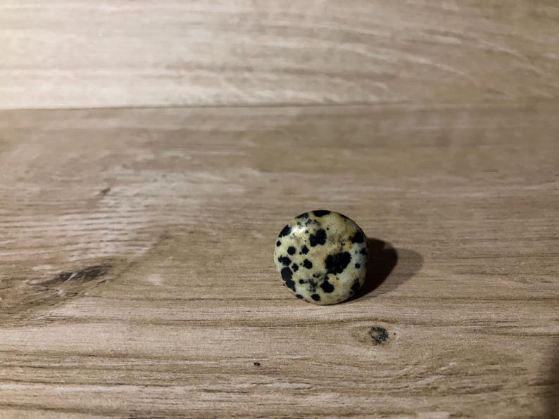 Może przedstawiać: Mały, okrągły kamień z kremową podstawą i czarnymi plamami. Wypolerowany kamień jest umieszczony na drewnianym tle. Ten dekoracyjny kamień może być używany do biżuterii lub jako element dekoracyjny.