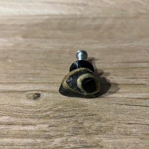 May include: A cabinet knob with a natural stone design. It has a silver metal screw, a black base, and a stone with a black, tan, and white pattern. The knob is set against a wooden background.