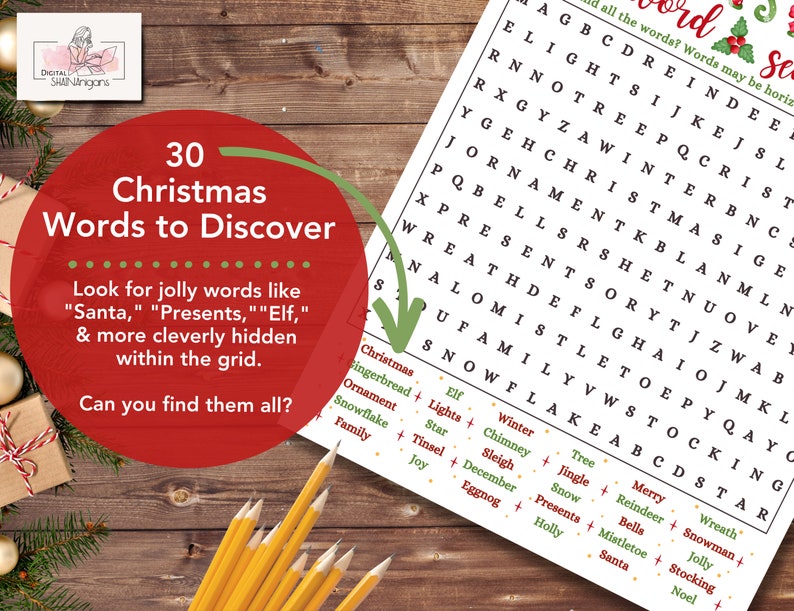Christmas Word Search Game Printable, Christmas Party Game, Word Search Puzzle for Kids and