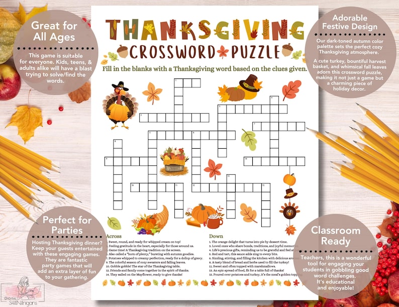 Thanksgiving Crossword Puzzle Game Printable for Kids and Adults ...