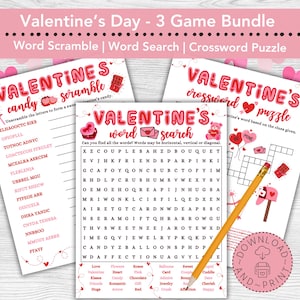 Valentines Day 3 Game Bundle, Printable Valentines Day Game, Valentines Word Search, Valentines Word Scramble, Valentines Crossword Puzzle