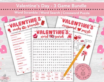 Valentines Day 3 Game Bundle, Printable Valentines Day Game, Valentines Word Search, Valentines Word Scramble, Valentines Crossword Puzzle