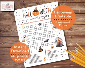 Halloween Crossword Puzzle Game Printable for Kids and Adults, Halloween Party Game, Crossword Puzzle, Halloween Classroom Activity