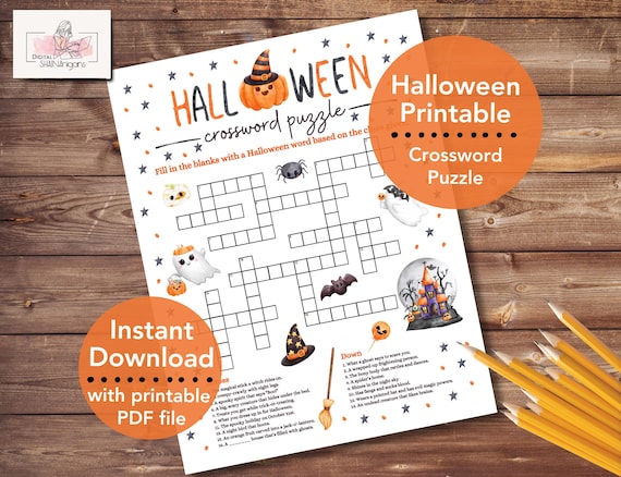 Halloween Crossword Puzzle Game Printable for Kids and Adults, Halloween Party Game, Crossword Puzzle, Halloween Classroom Activity