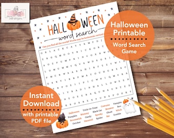 May include: A Halloween-themed word search game printable on white paper. The title "HALLOWEEN word search" is in orange and black. Includes a pumpkin with a witch hat and a black cat. The game is an instant download with a printable PDF file.