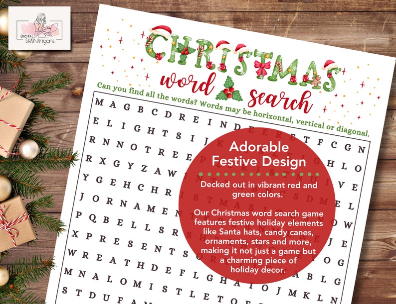 Christmas Word Search Game Printable, Christmas Party Game, Word Search Puzzle for Kids and