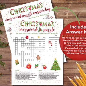 May include: A printable Christmas crossword puzzle with an answer key. The puzzle features a festive design with red and green accents. The crossword puzzle is titled "Christmas Crossword Puzzle" and includes clues for each word.