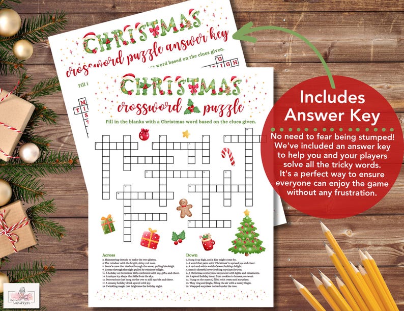 May include: A printable Christmas crossword puzzle with an answer key. The puzzle features a festive design with red and green accents. The crossword puzzle is titled "Christmas Crossword Puzzle" and includes clues for each word.