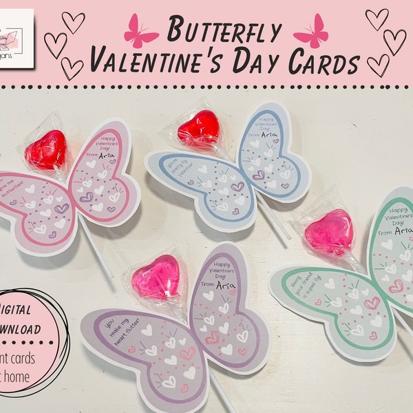 Butterfly Valentines Day Cards, Kids Classroom Valentine Gift, Lollipop Valentine Cards, DIY Valentine Cards, Printable Valentines Day Cards