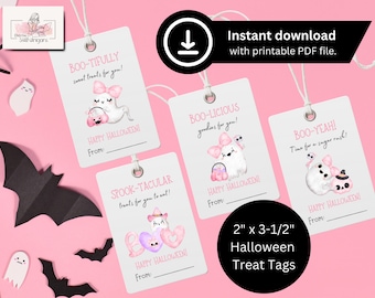 Printable Halloween Treat Tags with Cute Pink Watercolor Ghost, Happy Halloween Favor Tag