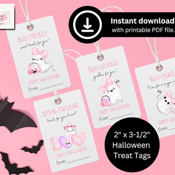 Printable Halloween Treat Tags with Cute Pink Watercolor Ghost, Happy Halloween Favor Tag