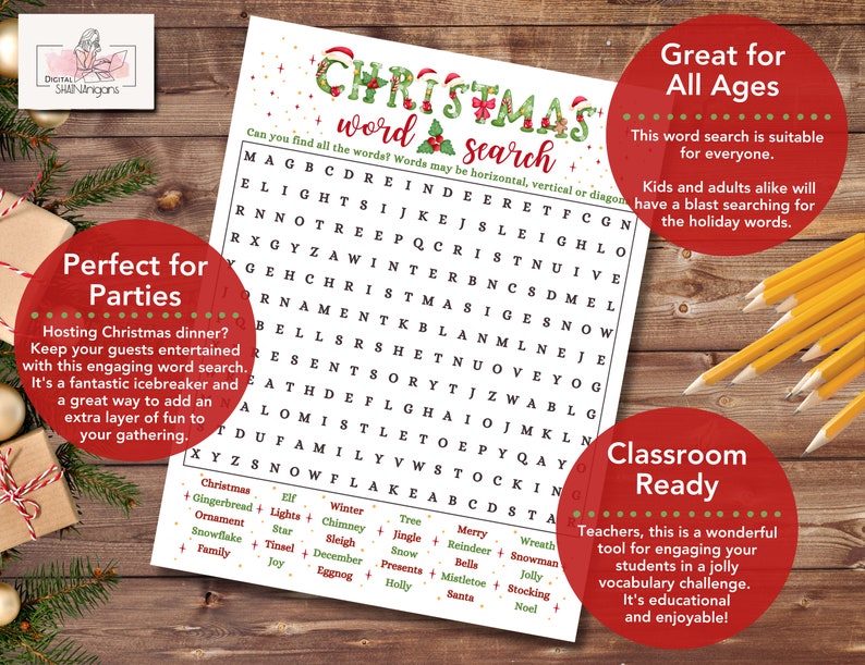 Christmas Word Search Game Printable, Christmas Party Game, Word Search Puzzle for Kids and