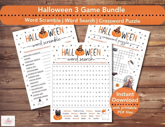 Halloween 3 Game Bundle, Printable Halloween Games, Halloween Word Search, Halloween Word Scramble, Halloween Crossword Puzzle