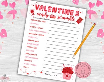 Valentine&#39;s Candy Scramble Game Printable, Valentine&#39;s Day Party Game, Word Scramble for Kids & Adults, Valentine&#39;s Day Classroom Activity