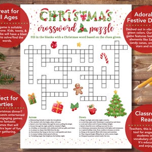 May include: A printable Christmas crossword puzzle game with a festive red and green design. The game features a Christmas tree, candy canes, ornaments, and a gingerbread man. The text "Christmas crossword puzzle" is at the top of the page.