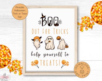 Trick or Treat Help Yourself to Candy Halloween Printable Sign, 4 Sizes, Vintage Ghost Boo Sign, Halloween Door Sign, Trick or Treat Sign