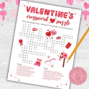 Juego de crucigramas de San Valentín para imprimir para niños y adultos, juego de fiesta de San Valentín, crucigrama, actividad de San Valentín para el aula
