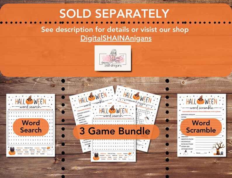 May include: A set of three printable Halloween game sheets. The games include a word search, a word scramble, and a crossword puzzle. Each sheet features a pumpkin with a witch's hat.