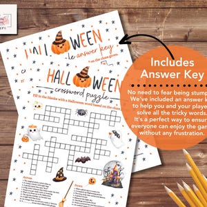 May include: A printable Halloween crossword puzzle with an answer key. The puzzle features a black and white grid with clues and a Halloween theme. The answer key is included on a separate page.