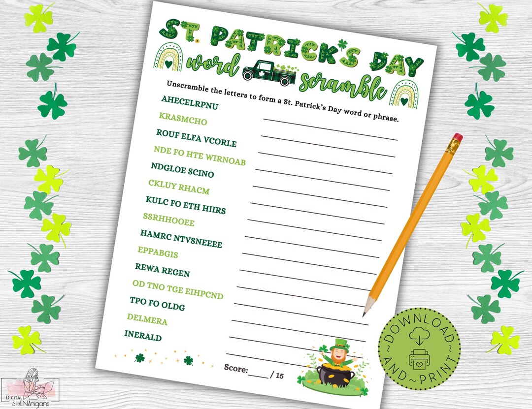 St. Patrick's Day Word Scramble Game Printable, St. Patrick's Day Party ...