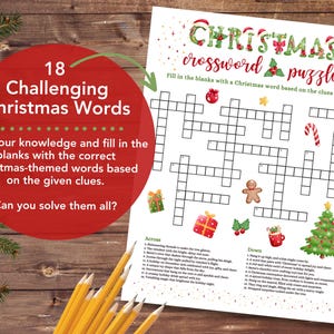 May include: A printable Christmas crossword puzzle with 18 challenging clues. The crossword puzzle features a festive green and red color scheme with illustrations of Christmas ornaments, candy canes, gingerbread men, and a Christmas tree.
