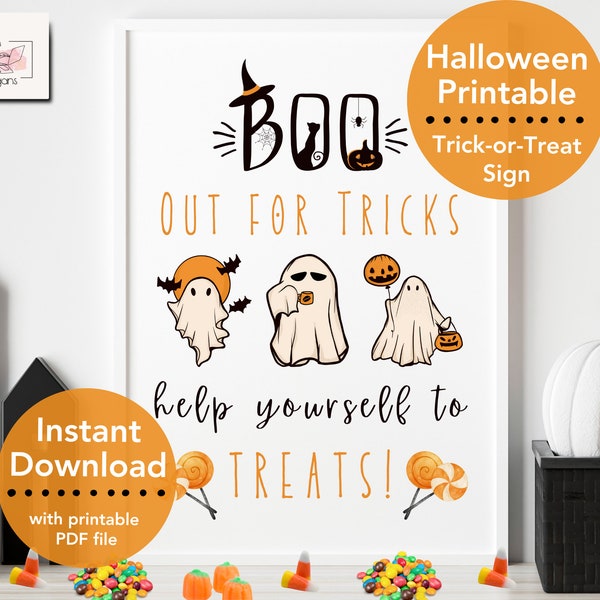 Trick or Treat Help jezelf aan Candy Halloween afdrukbaar teken, 3 maten, vintage Ghost Boo teken, Halloween deur teken, Trick or Treat teken