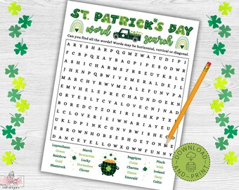 May include: A printable St. Patrick's Day word search puzzle with a green shamrock border. The puzzle features a grid of letters with words related to St. Patrick's Day, such as "Leprechaun", "Green", "Rainbow", "Gold", "Shamrock", "March", "Seventeen", "Lucky", "Horseshoe", "Clover", "Bagpipes", "Colne", "Charms", "Dance", "Emerald", "Pinch", "Irish", "Ireland", "Harp", and "Celtic".