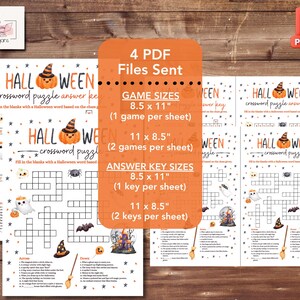 May include: Four printable Halloween crossword puzzle worksheets. The puzzles feature a pumpkin with a witch's hat and the text "HALLOWEEN crossword puzzle". The worksheets are available in two sizes: 8.5 x 11 inches and 11 x 8.5 inches.