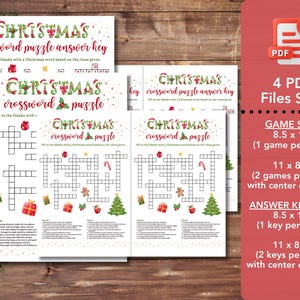 May include: Four printable PDF files of a Christmas crossword puzzle game. The game is available in two sizes: 8.5 x 11 inches (one game per sheet) and 11 x 8.5 inches (two games per sheet). An answer key is also included in two sizes: 8.5 x 11 inches (one key per sheet) and 11 x 8.5 inches (two keys per sheet).