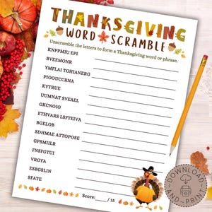 Thanksgiving Word Scramble Game Printable, Thanksgiving Party Game, Word Scramble for Kids and Adults, Thanksgiving Classroom Activity