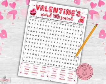 Valentine&#39;s Word Search Game Printable, Valentine&#39;s Day Party Game, Word Search Puzzle for Kids & Adults, Valentine&#39;s Day Classroom Activity