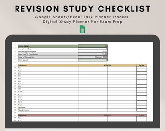 2025 Revision Study Checklist | Google Sheets/Excel Task Planner Tracker | Digital Study Planner For Exam Prep