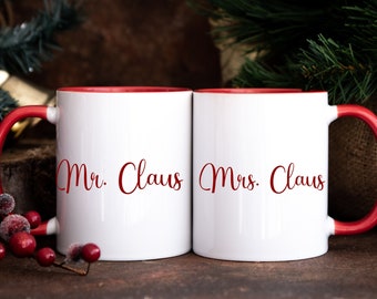 His and Hers Christmas Mugs | His and Hers | Christmas Couples Mug Set | Mr. Claus & Mrs. Clause | Red Handle |  Accent Coffee Mug, 11oz