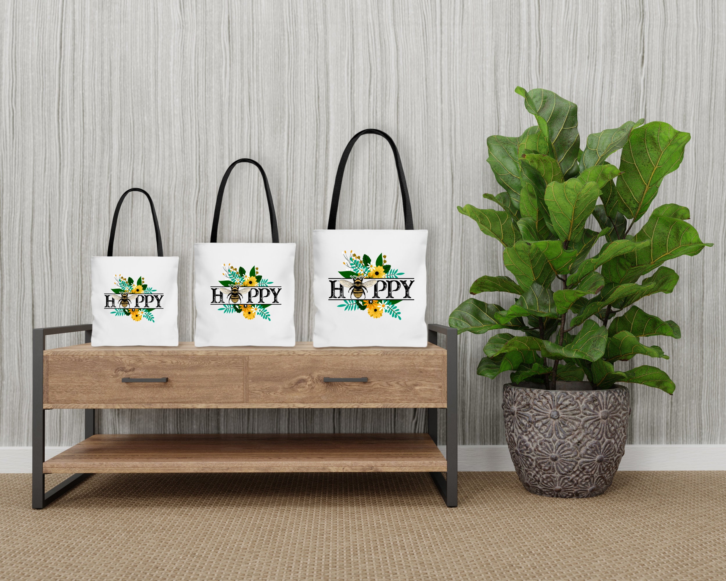 Bee Happy Borsa Tote In Tela Naturale - Con Stampa, Riutilizzabile, Per Shopping E Spiaggia, 41,5 X 37,5 Cm, Manici Lunghi - 2