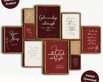 May include: Set of 10 printable wall art prints with burgundy and cream coloured backgrounds. The prints feature inspirational bible verses with white text. The prints are framed in a brown wood frame.
