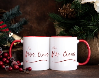 His and Hers Christmas Mugs | His and Hers | Christmas Couples Mug Set | Mr. Claus & Mrs. Claus | With Red Handle | Accent Coffee Mug, 11oz