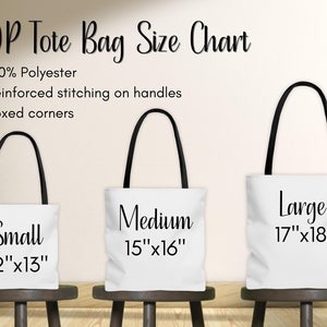 May include: Three tote bags in different sizes: small (12" x 13"), medium (15" x 16"), and large (17" x 18"). Each bag is white with black handles and black text indicating the size.