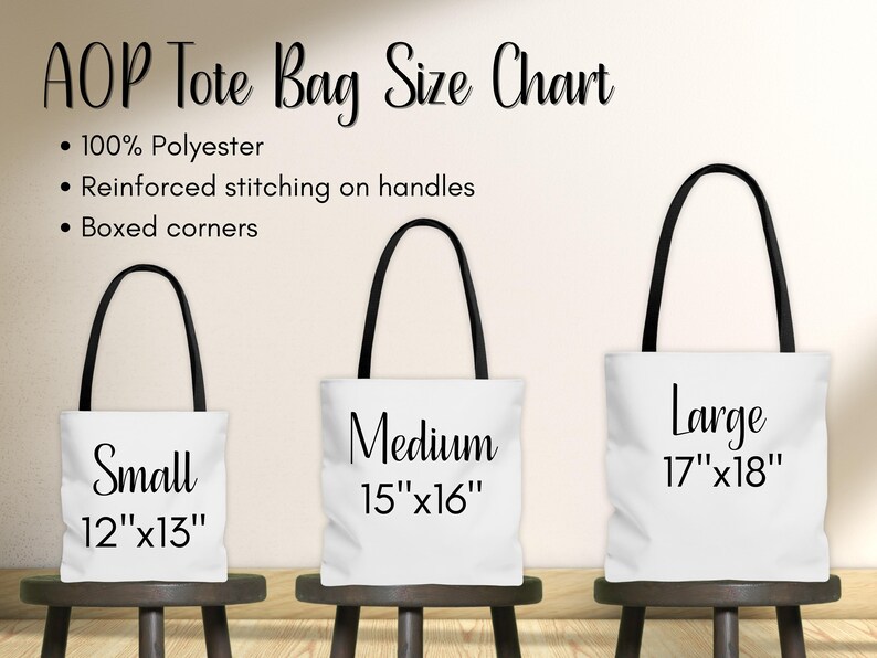 May include: Three tote bags in different sizes: small (12" x 13"), medium (15" x 16"), and large (17" x 18"). Each bag is white with black handles and black text indicating the size.