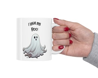 Ghost Halloween Mug, "I Love My BOO!" Gift for Partner, Coffee Mug, Hot chocolate Mug, Spooky Halloween Mug, Fun Halloween Mug, Ceramic 11oz