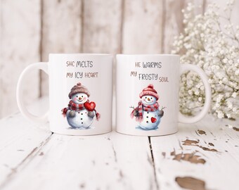 Snowman Christmas Mugs: His and Hers Couples Gift (11oz)