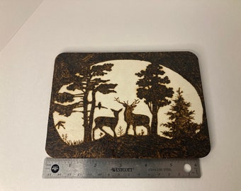 Pyrography Hand Burned Deer Nature Scene