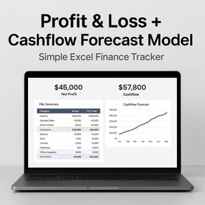 May include: A laptop displays a financial dashboard with the text "Profit & Loss + Cashflow Forecast Model." The screen shows a P&L summary and a cashflow forecast graph. The net profit is $45,000, and the cashflow is $57,800.