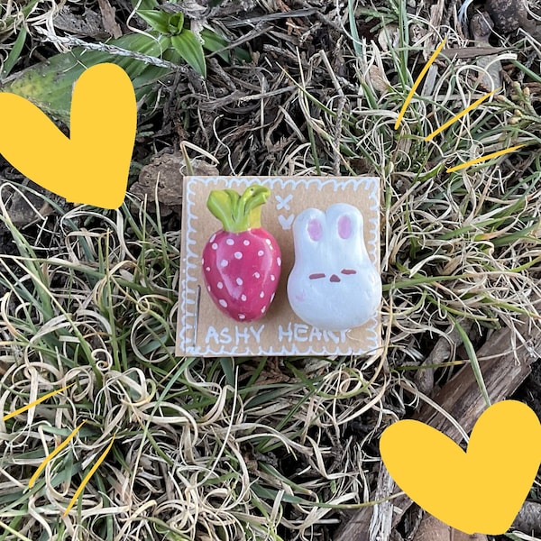 Strawberry and bunny clay pin set