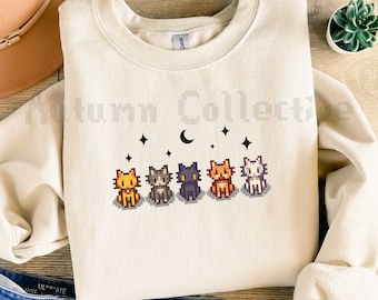 Five Cat Stardew Valley Inspired Sweatshirt, Starry Night Gamer Jumper, Unisex Cozy Gamer Pullover, Oversized Gamer Girl Top