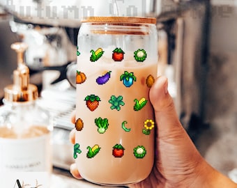 Stardew Valley Crops Sipper Glass, Pixel Art Gamer Cup