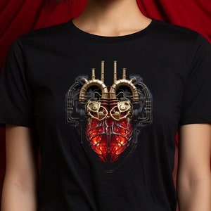 Steampunk Mechanical Heart Shirt, Victorian era clockwork brass steam powered invention machinery automaton robot android cyborg robotic