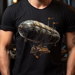 May include: A black t-shirt with a graphic print of a steampunk airship. The airship is made of metal and has a large, round body with a propeller on the back. The airship is flying in the air and has a long, thin tail.