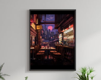 Ramen Shop Night Poster, Cyberpunk Wall Art Cozy Cafe Studio Ghibli Japan Manga Comic Art Japanimation Vaporwave City Night Noodle Game Art