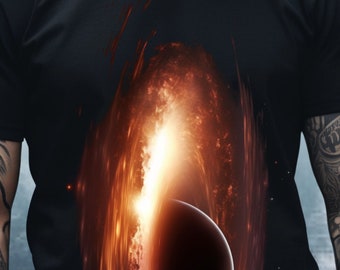 May include: Black t-shirt with a graphic print of a fiery orange and red nebula with a dark planet in the center.